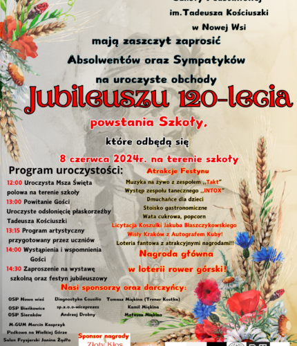 Zaproszenie na obchody Jubileuszu 120-lecia powstania Szkoły w Nowej Wsi